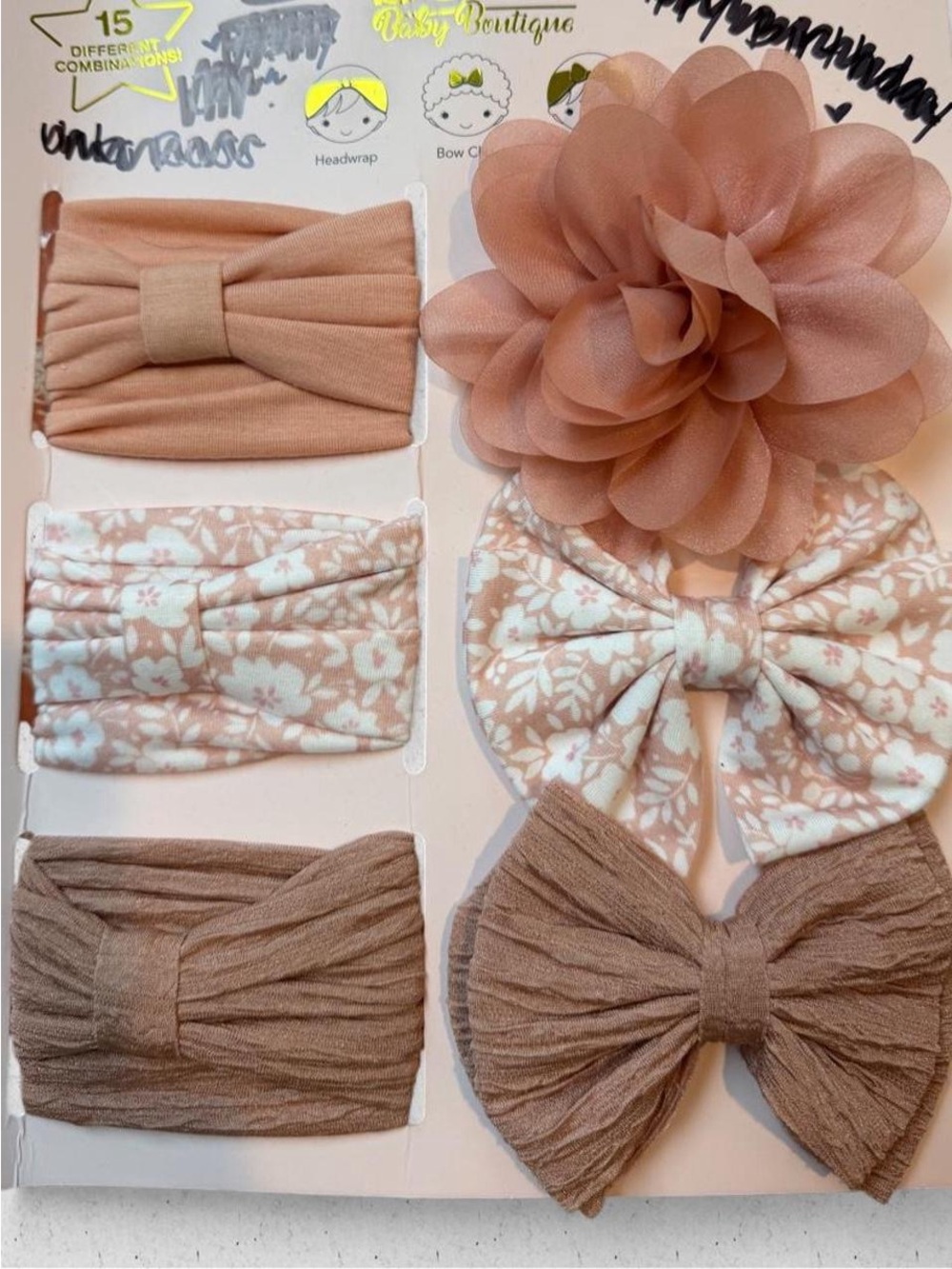 Bebe Baby Boutique Girls 6-Pack Tan Floral & Solid Headwrap and Bow Set